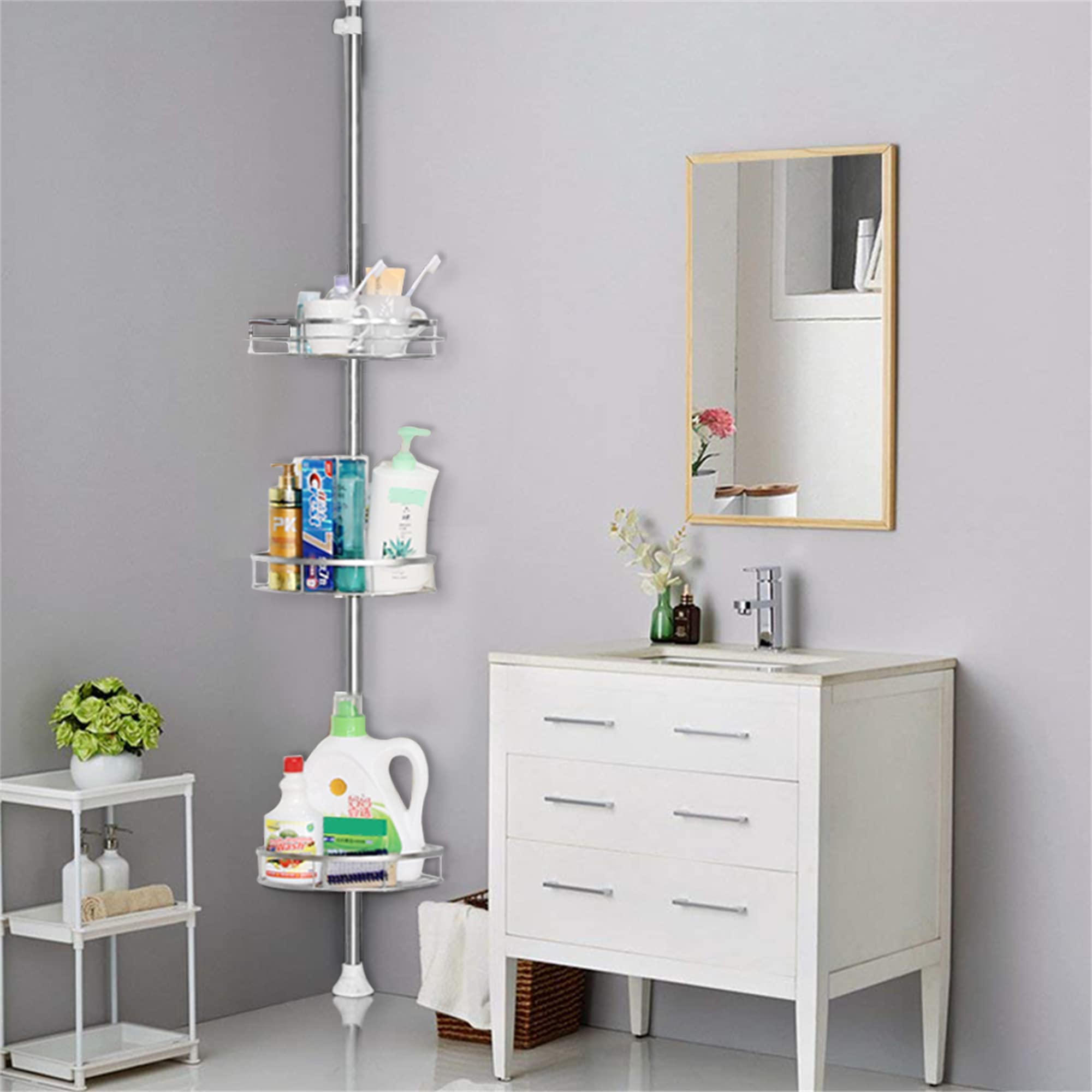 MINGYI Estantería de ducha telescópica, 3 estantería, estante de baño de acero inoxidable, estante de esquina de ducha sin taladrar, regulable en altura 110-280 cm (plata)