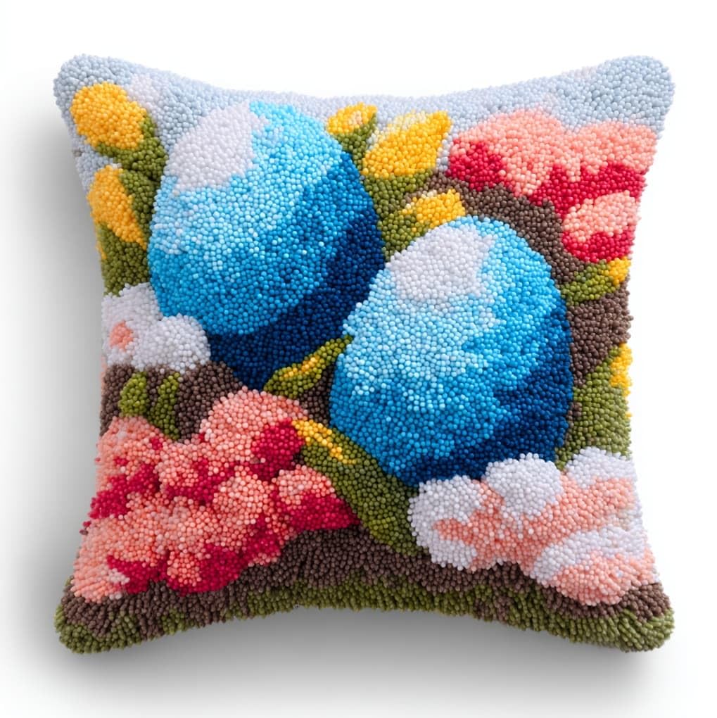 WallustrioaW DIY Latch Hook Kits,Easter Eggs and Flowers,Needlework Pillow Cover DIY Hooks Knitted Pillow Embroidery Latch Hook Cushion Kit,17x17in