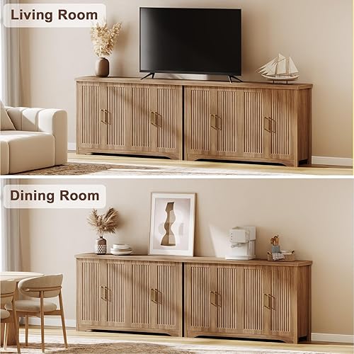 Miniatura 6 de Armario de buffet acanalado con aparador de almacenamiento, credenza moderna con 4 puertas y estantes ajustables, consola de mesa de café de madera
