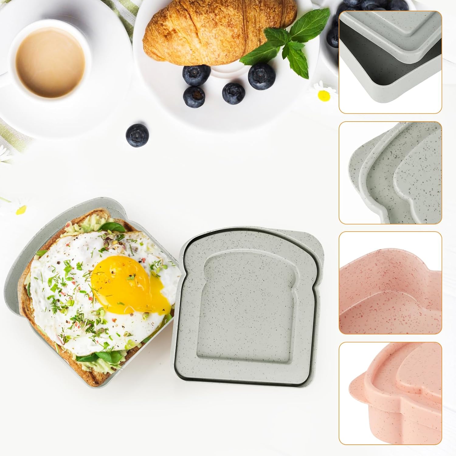 Sandwich Containers, 2Pcs Sandwich Box, Reusable Sliced Toast box, Bread Holder Container for Lunch, Sandwich Keeper for Adults, Microwave & Dishwasher Safe (Pink, Grey) - Image 3