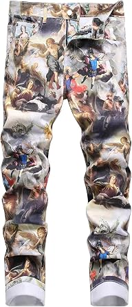 Mens American USA Flag Printed Washed Jeans White Fit Trousers Pants