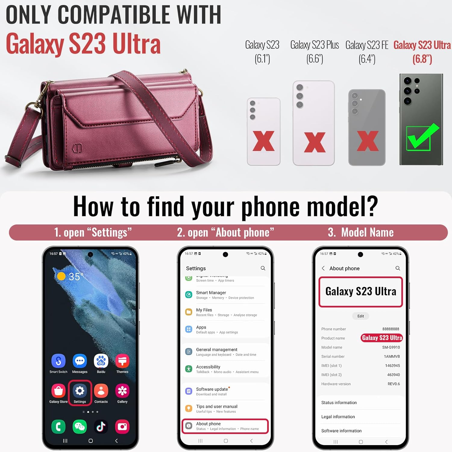 Strapurs Crossbody Wallet Case Compatible with Samsung Galaxy S23 Ultra 5G RFID Blocking 10-Card Holder Soft PU Leather Magnetic Snap Strap Zipper Pocket Phone Case Fit for Galaxy S23 Ultra - Wine Red