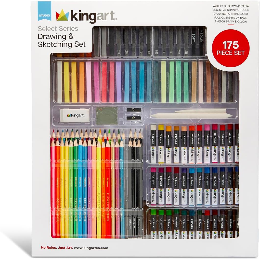 KINGART Select Series Drawing & Sketching Set, 175 pc, Complete Art Kit with Colored Pencils, Pastels, Graphite, Charcoal, Paper