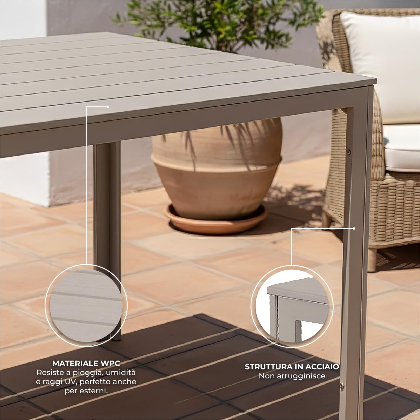 IlGruppone Tavolo da Esterno 154x78 cm Acciaio Inox HDPE Effetto Legno 6/8 Posti Beige