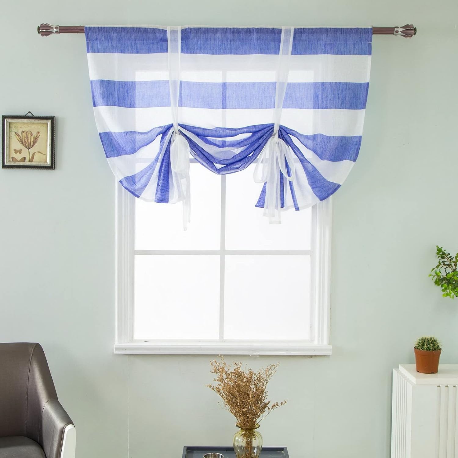 Striped Rod Pocket Tie Up Roman Shades Balloon Curtain Sheer Voile Window Treatments Valances Drapes for Kitchen Café Bedroom Living Room - Blue White