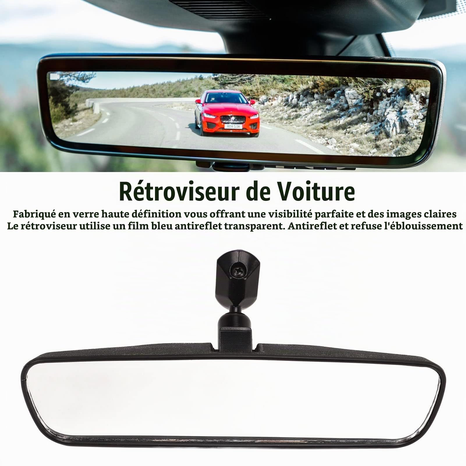 Rétroviseur intérieur grand angle de 8 pouces avec verre HD, film antireflet bleu, cadre renforcé et fixation par ventouse sécurisée pour voitures et camions