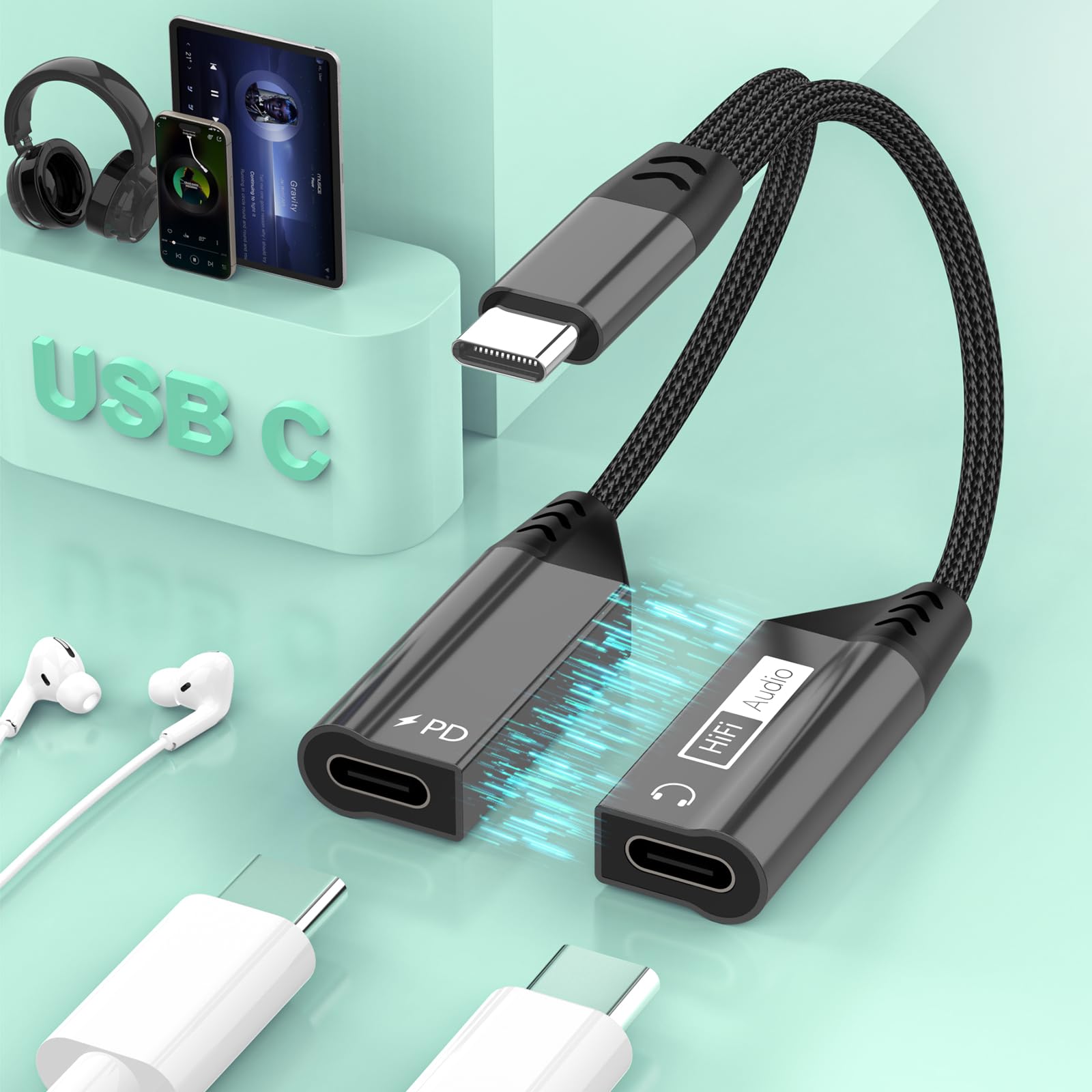 Magnetic 2-in-1 USB C to Dual USB C Audio Jack Headphone Splitter and Charge Cable Adapter for Type C Devices,PD 60W Fast Charge Earphone Converter