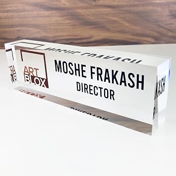 Artblox Office Desk Name Plate Personalized | Custom Name Plates for Desks with Your Logo On Clear Acrylic Glass - 8" x 2.5"