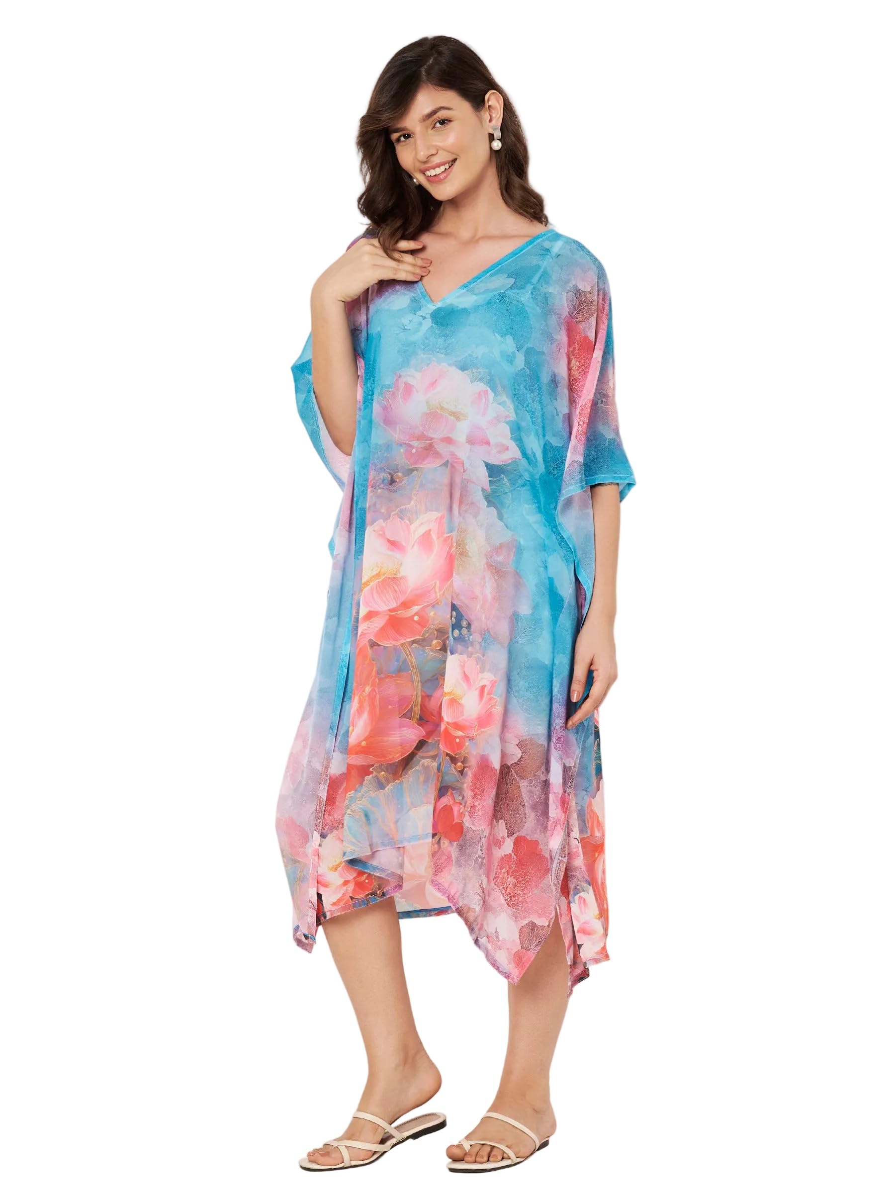 swi with label Women's Printed V-Neck Flared Sleeves Beach Wear Kaftan Dress Digital Print Hidden Adjustable Belt Kaftan Beach Coverup STBW_554-picture-28