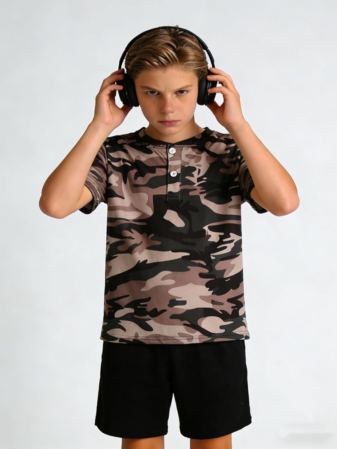 Boy's 2-Piece Summer Outfit Short Sleeve Henley Tee and Shorts Set Casual Clothes for 6-13 Years Kids - Image 2