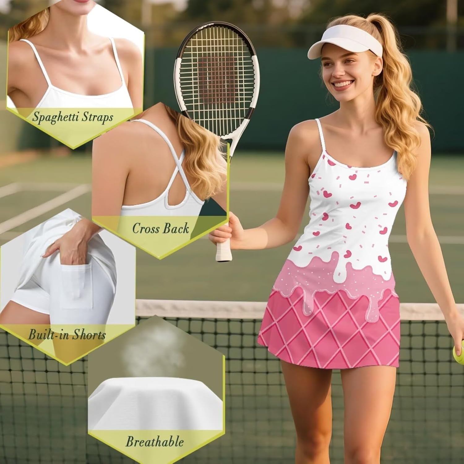 Womens Tennis Dress Built in Shorts Crew Neck Sleeveless Athletic Skort Strap Golf Dress Quick-Dry Summer Outfits