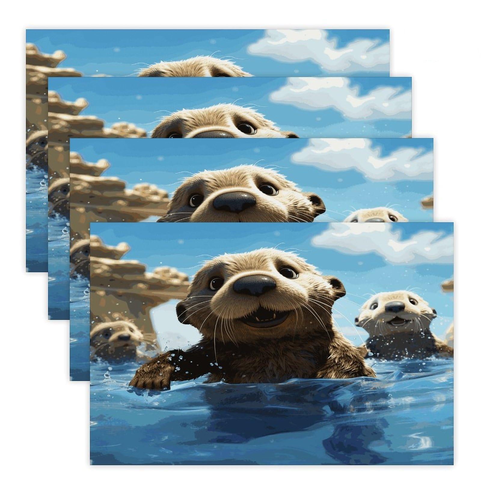 Lovely Sea Otter Print Placemats Heat-Resistant Washable Place Mats Anti Slip Dining Table Place Mats Wipeable Dining Table Mats Kitchen Decoration Placemats 17.7’’×11.8’’