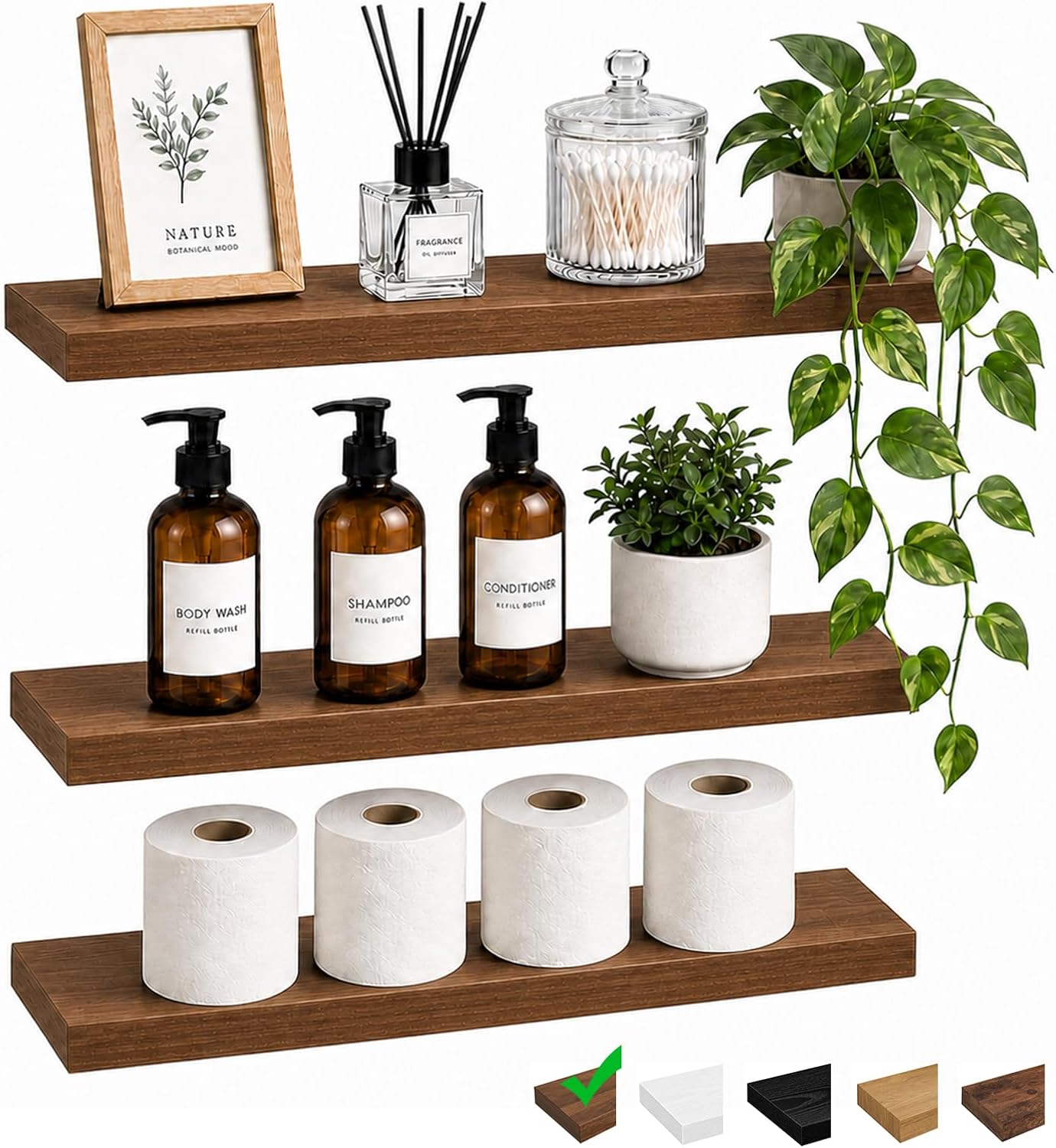 Boswillon Floating Shelves for Wall Decor, Set of 3 Bathroom Shelves, 16In