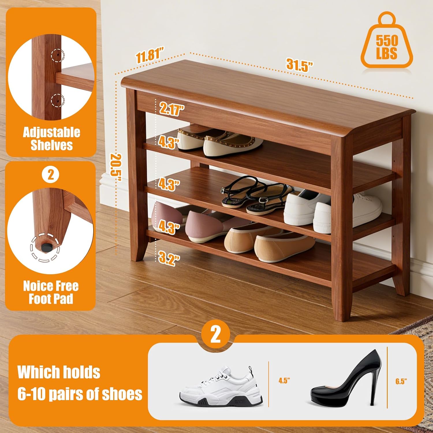 31.5'' Solid Wood Shoe Storage Bench, 550 LBS Capacity Flip-Up Seat, 9-Pair Console Shoe Rack with 3-Tier Adjustable Shelves for Entryway, Hallway, Closet, Foyer, Walnut