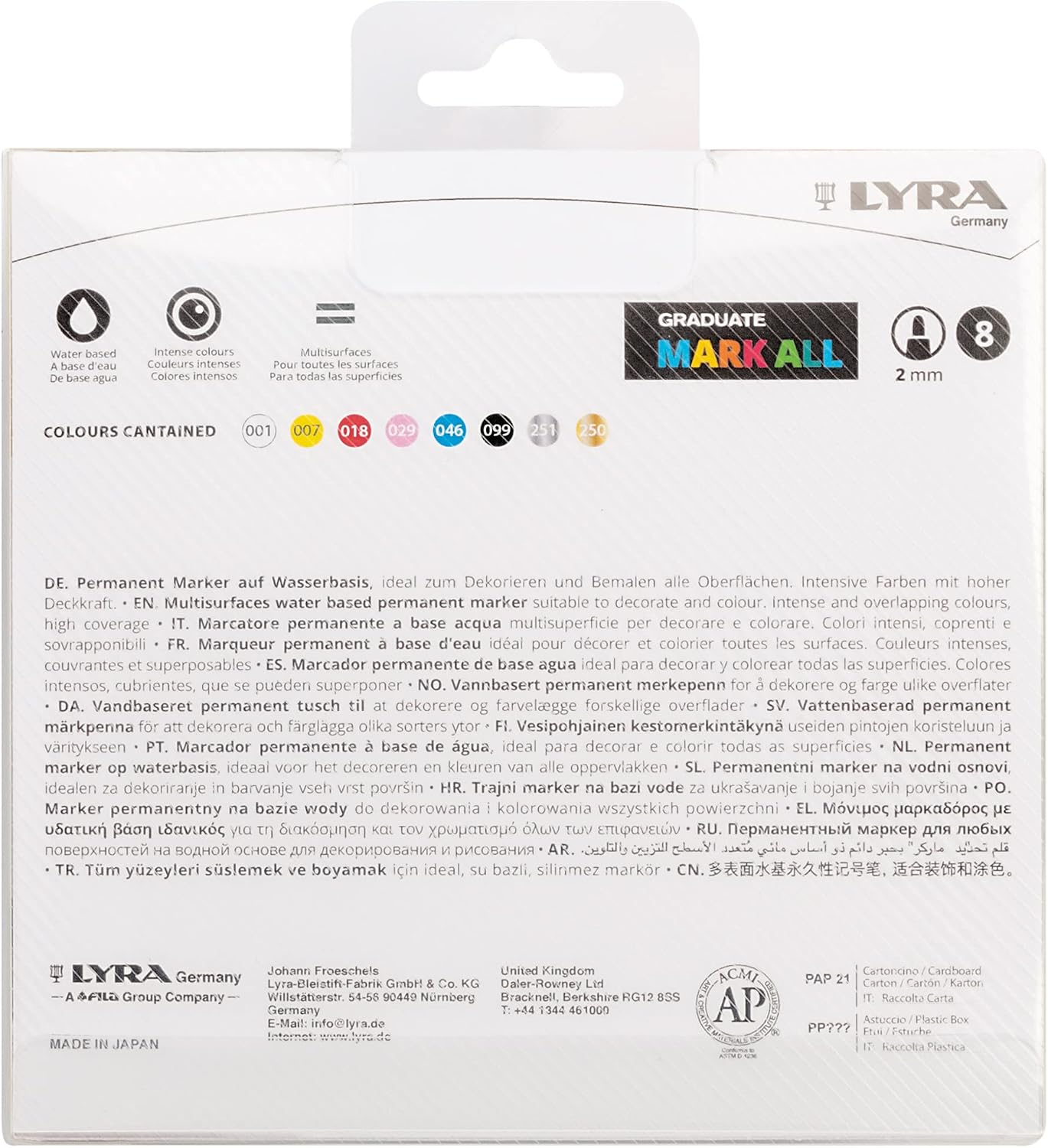 LYRA Graduate Mark All Multisurfaces Permanent Marker, 2mm Round Tip, 8 Assorted colours, Ideal for Students and Schools