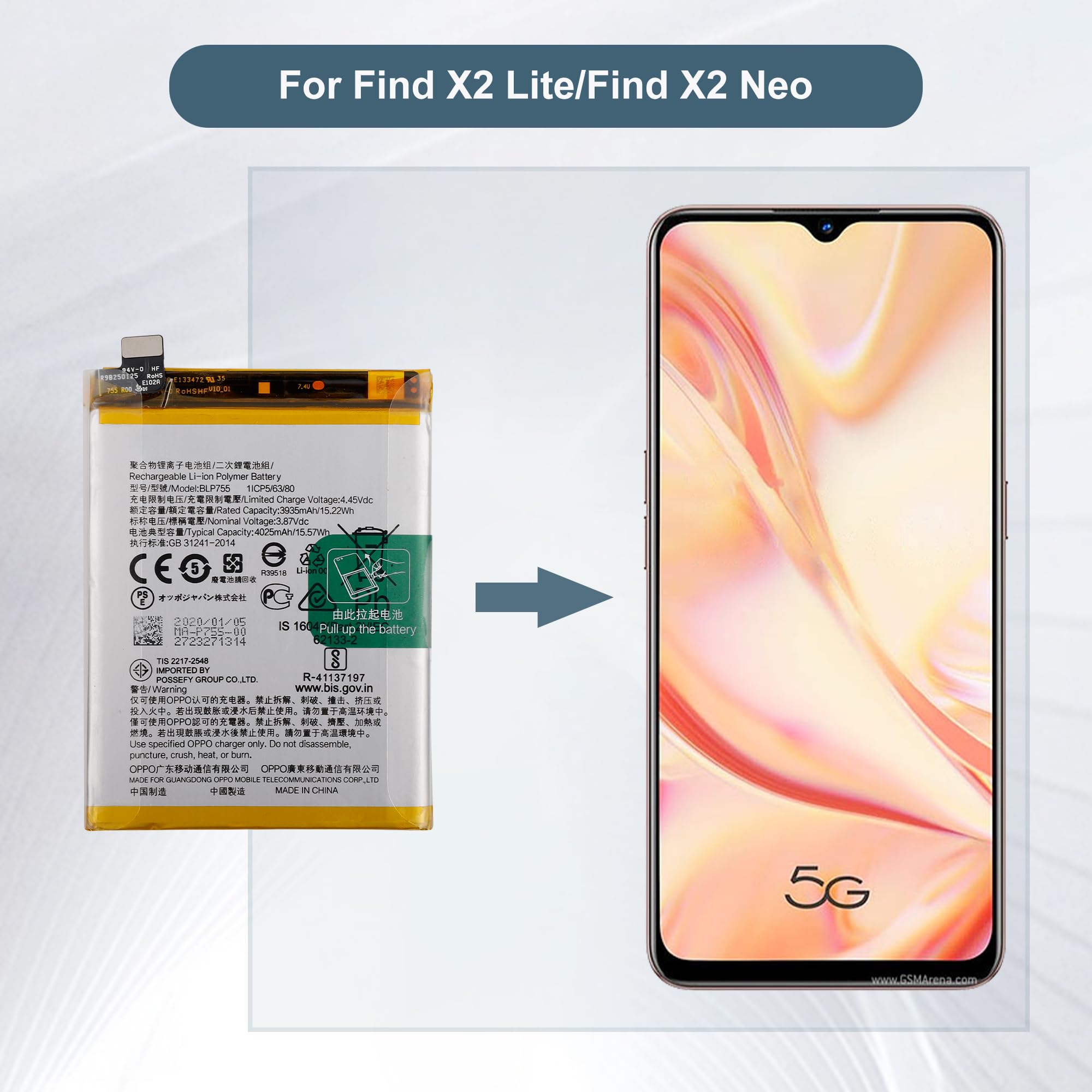 Batterie Interne D'origine OPPO Pour Reno3 Pro 5G, Find X2 Neo, Find X2 Lite (neuve)