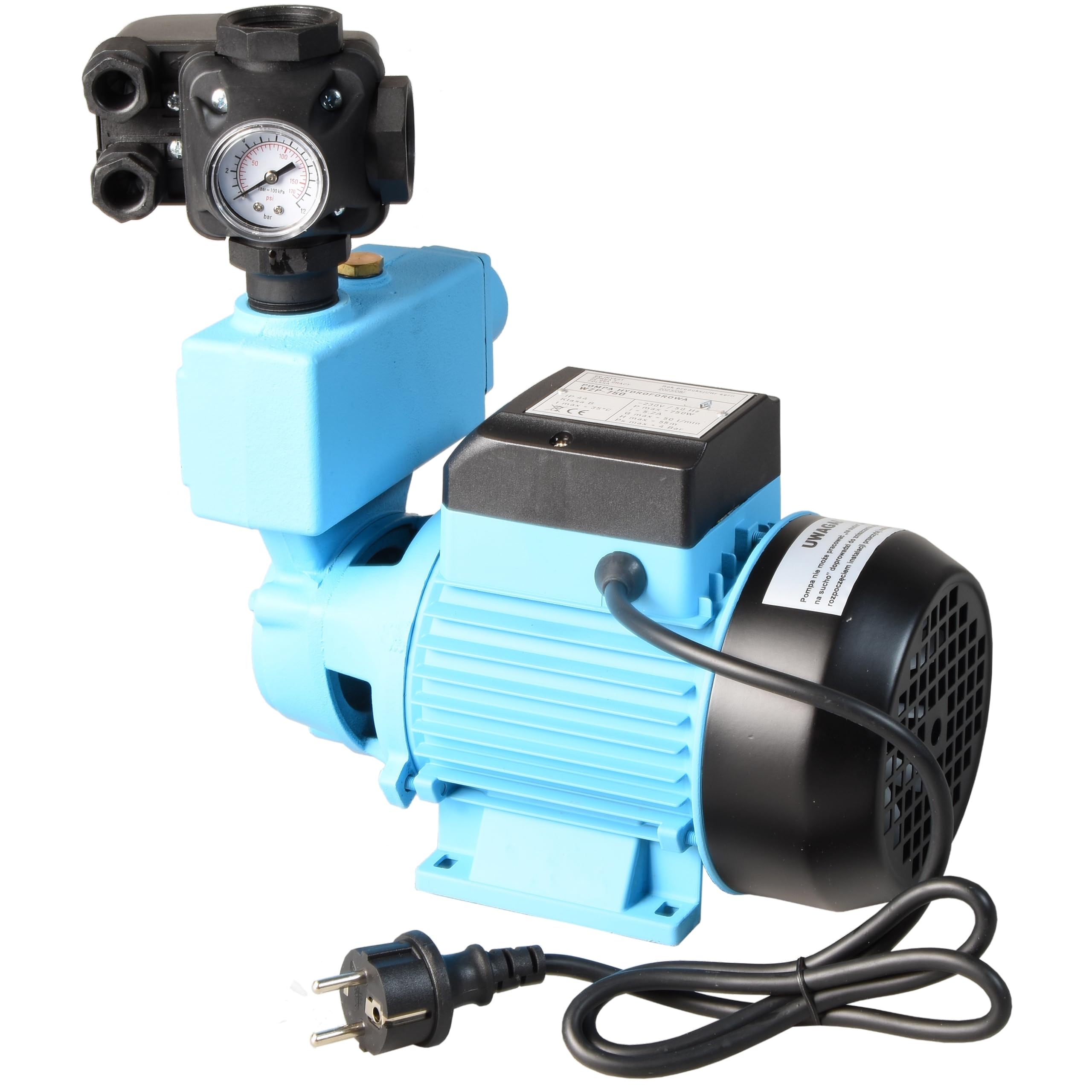 Wasserpumpe WZP 750 mit Moderne Druckschalter zum Tank - Gartenpumpe (750W 3000l/h Förderhöhe 55m) - Gußeisen - Pumpensteuerung Druckwächter - Hauswasserwerk - für Brauchwasserversorgung Bewässerung