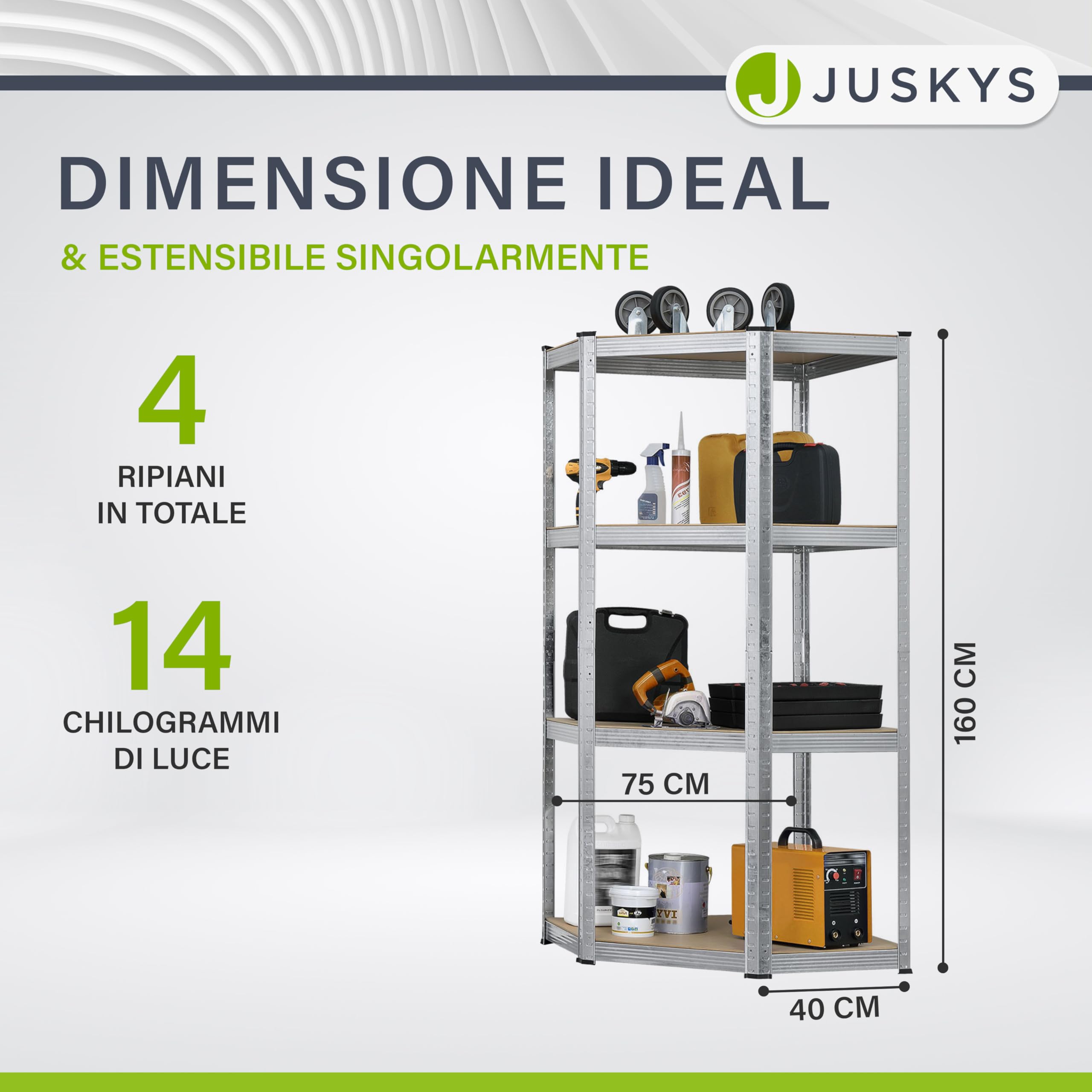 Juskys Scaffale angolo Corner Easy 160 x 75 x 40-75 cm | 320 kg | 4 ripiani in legno MDF | Metallo zincato | Scaffale per carichi pesanti e cantine
