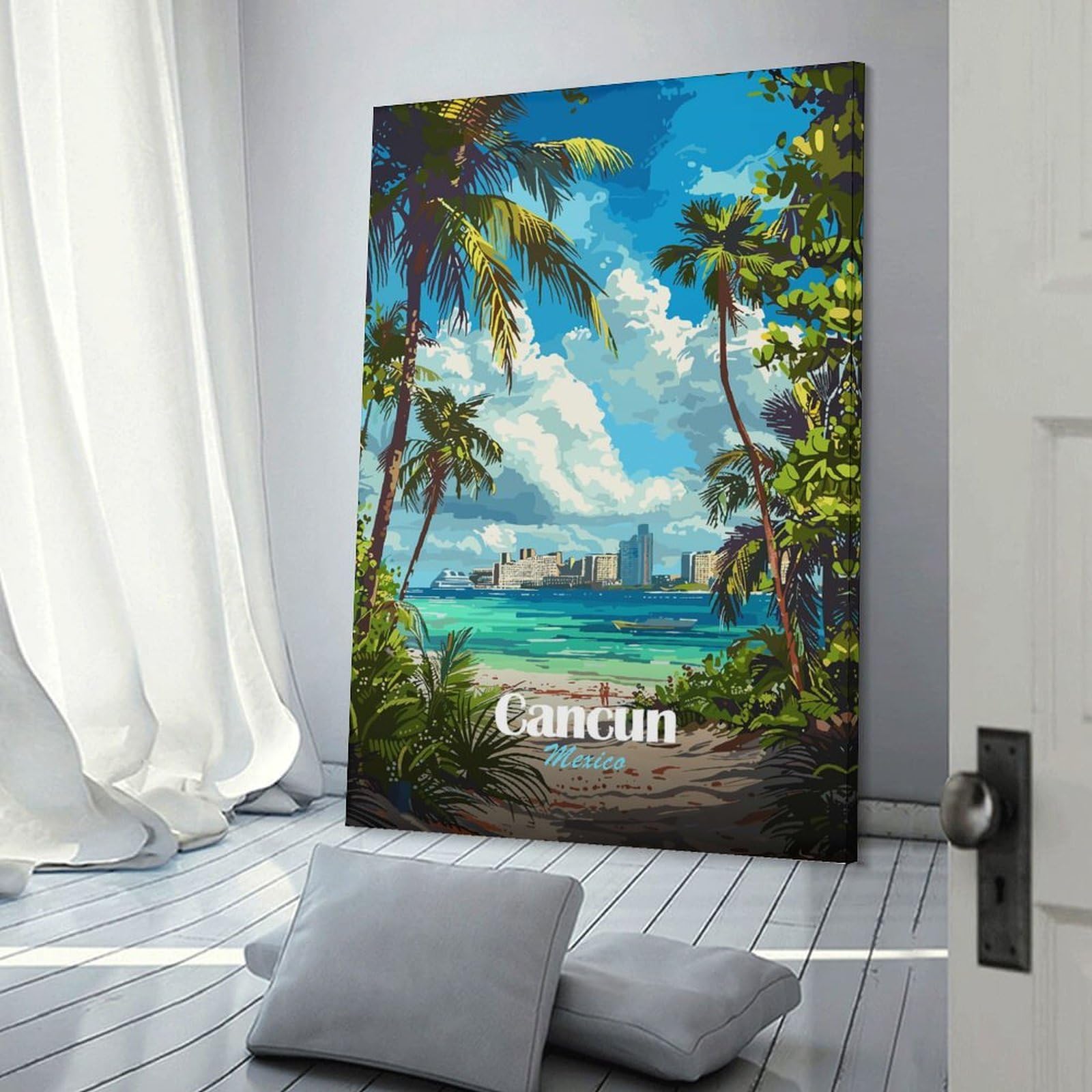 Junmoney Decorative Canvas Print Cancun Mexico Tropical Beach Illustration, 16x24inch(40x60cm), for New Homes, Bedrooms Or Workspaces, Thoughtful Wall Decor for Art Lovers