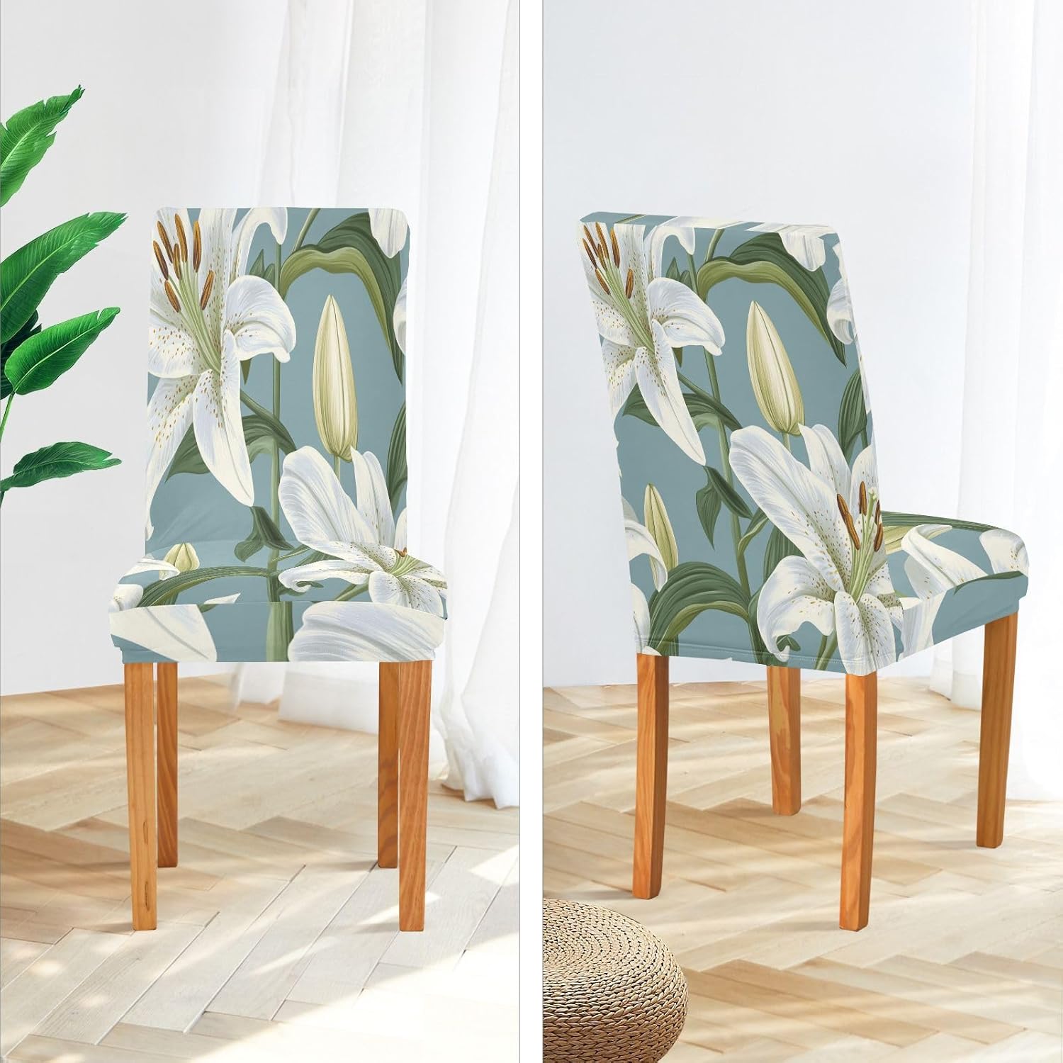 ALAZA Chair Covers for Dining Room, White Lily on Green Stretch Chair Cover Sets Chair Protector Removable Washable for Ktichen Restaurant Hotel