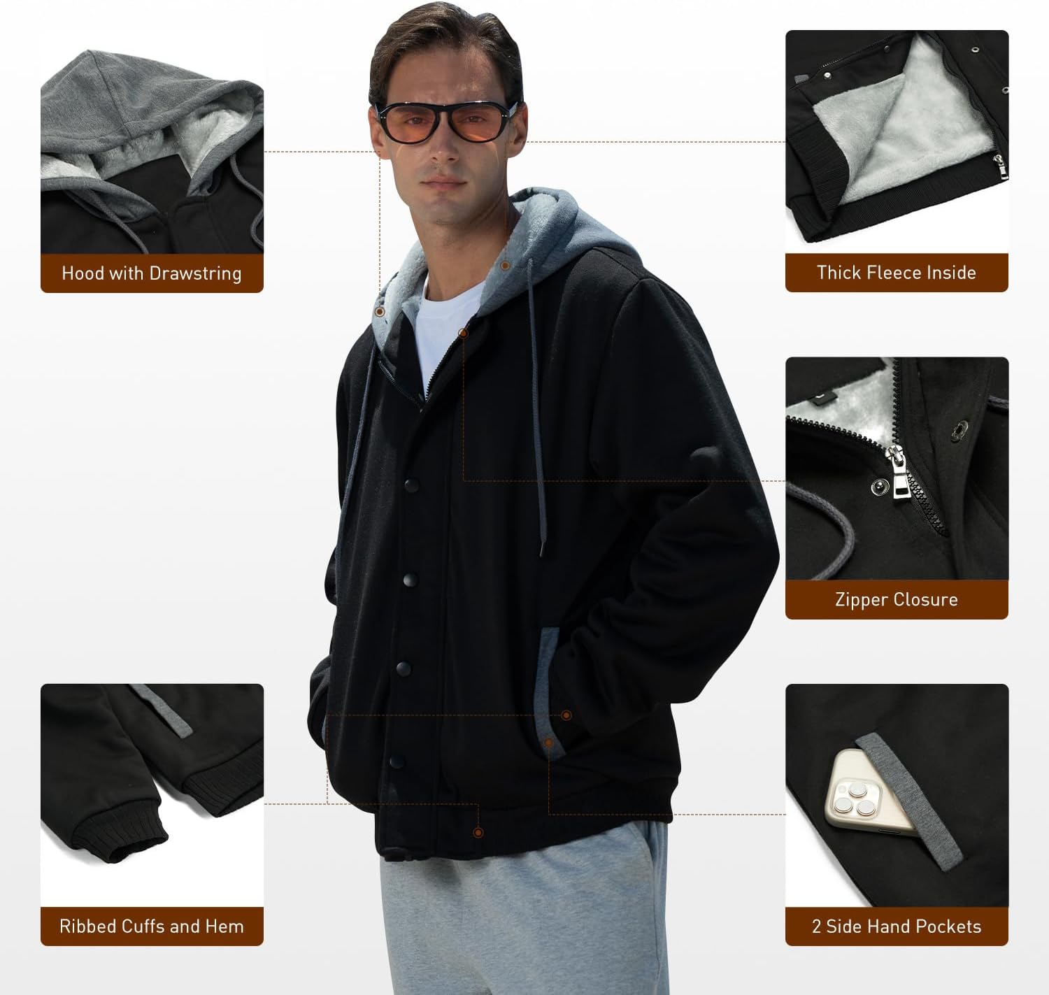 AOTORR Men’s Fleece-Lined Zip Up Hoodie Thick Hooded Warm Jacket Button Down Outwear Winter Coat - Image 6