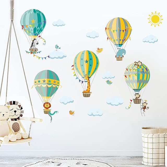 decalmile Animals in Hot Air Balloons Wall Stickers Giraffe Monkey Elephant Wall Decals Baby Nursery Kids Bedroom Living Room Wall Decor