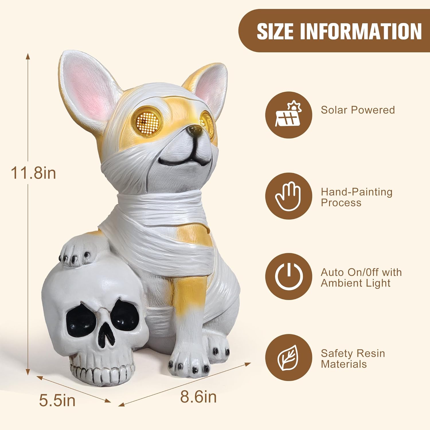 Halloween Decor Outdoor Solar Dog Statue Garden Decorations Holding Skeleton Statue Lights with 360° Spinning Glowing Eyes Ghost Garden Decor & Creative Gifts