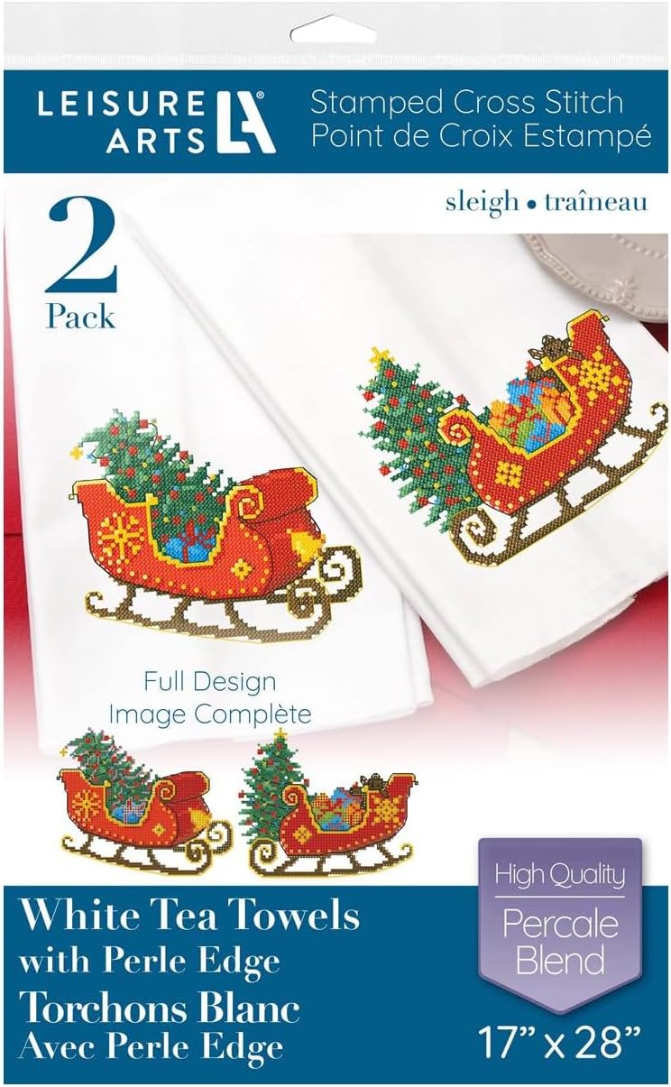 LEISURE ARTS Stamped Embroidery Tea Towels – 2 Pack Sleigh Designs 17”x28” | Beginner Hand Embroidery Kit for Adults | Perle Edge Cotton Blend Towels w/DMC, Anchor & Coats Floss Guide