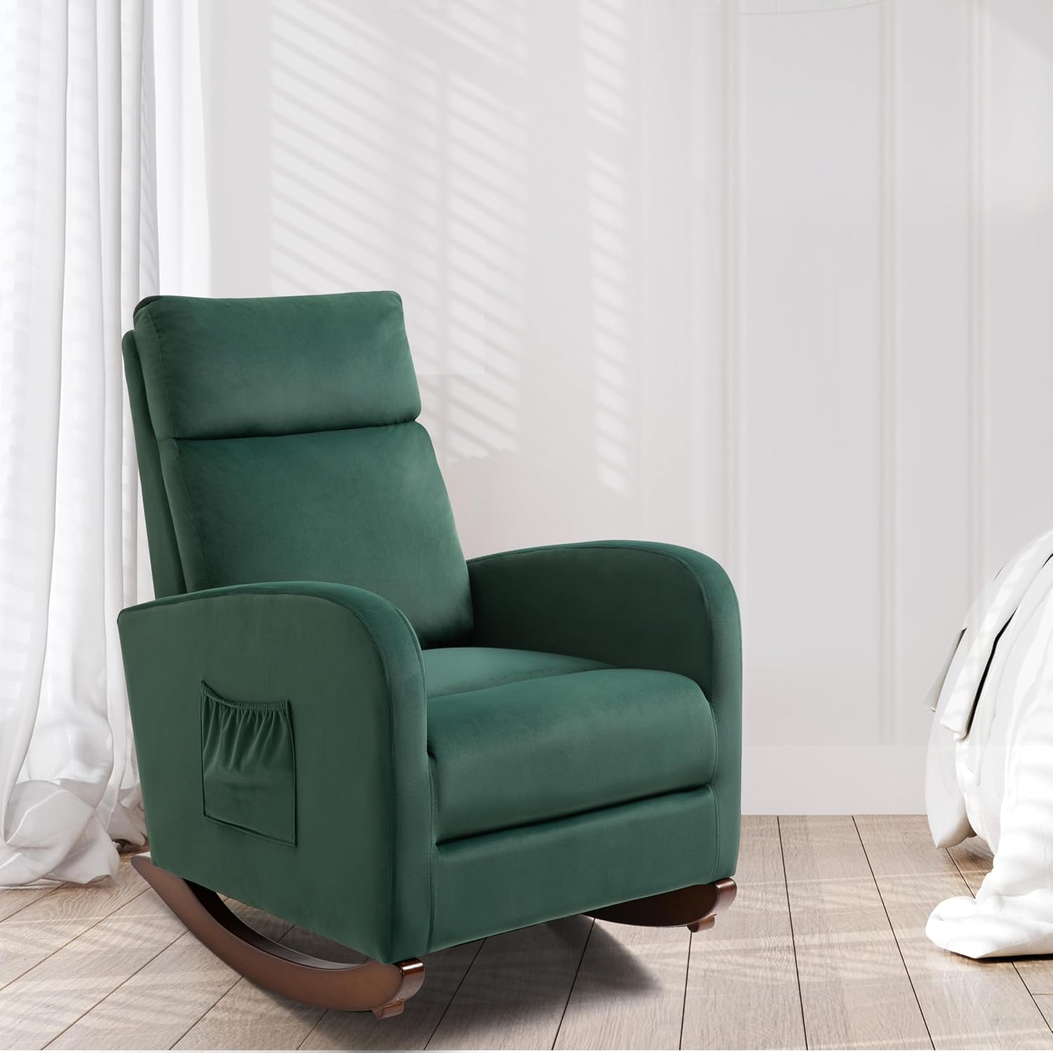 Nusery Rocking Chair, Upholstered Glider Rocker with Solid Base, Modern Glider Chair with 2 Side Pockets, High Back Armchair for Living Room, Bedroom & Nusery, Green