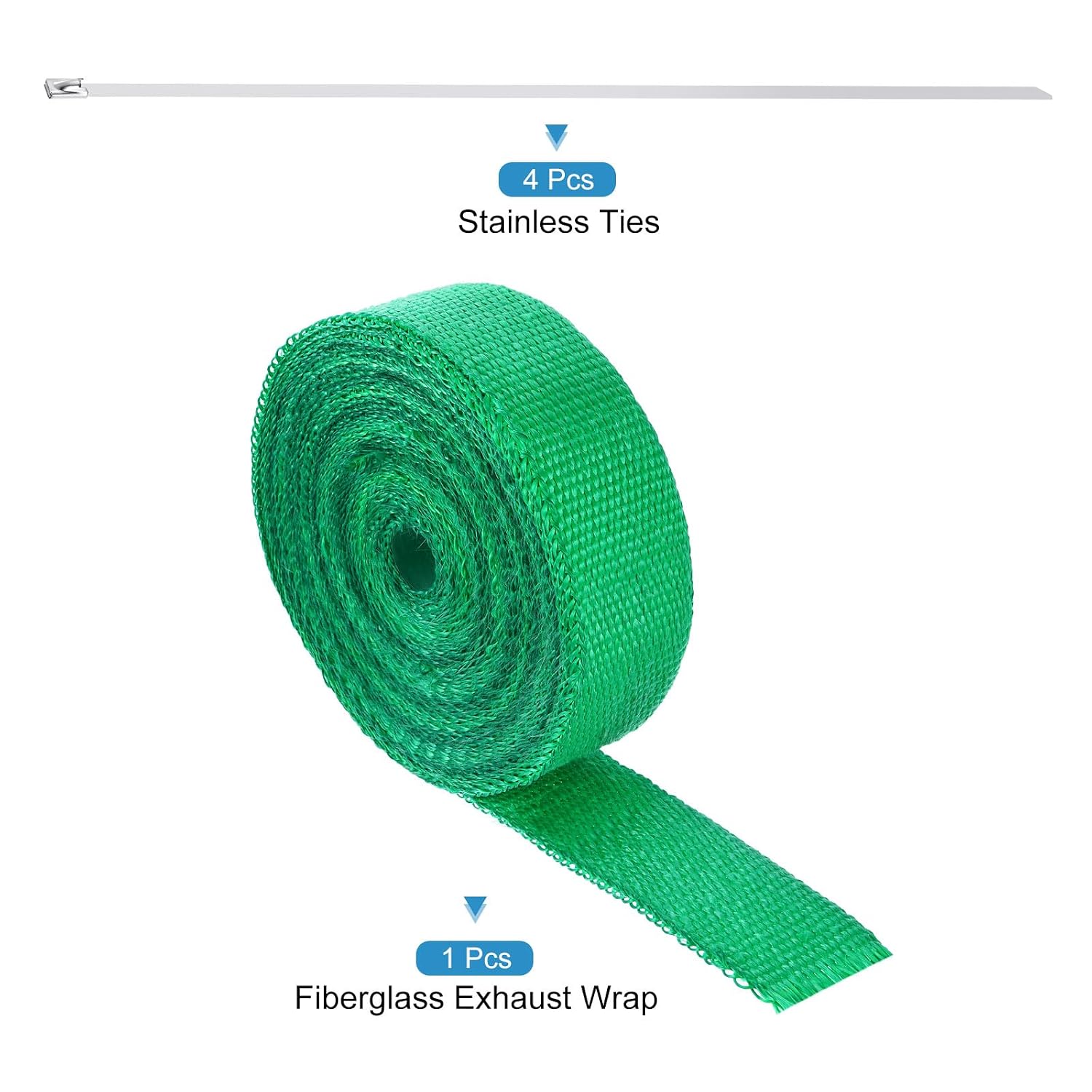 MECCANIXITY Fiberglass Exhaust Wrap Tape, 2" x 50' Green Header Heat Wrap with 4 Stainless Ties for Hot Rods and Motorcycle
