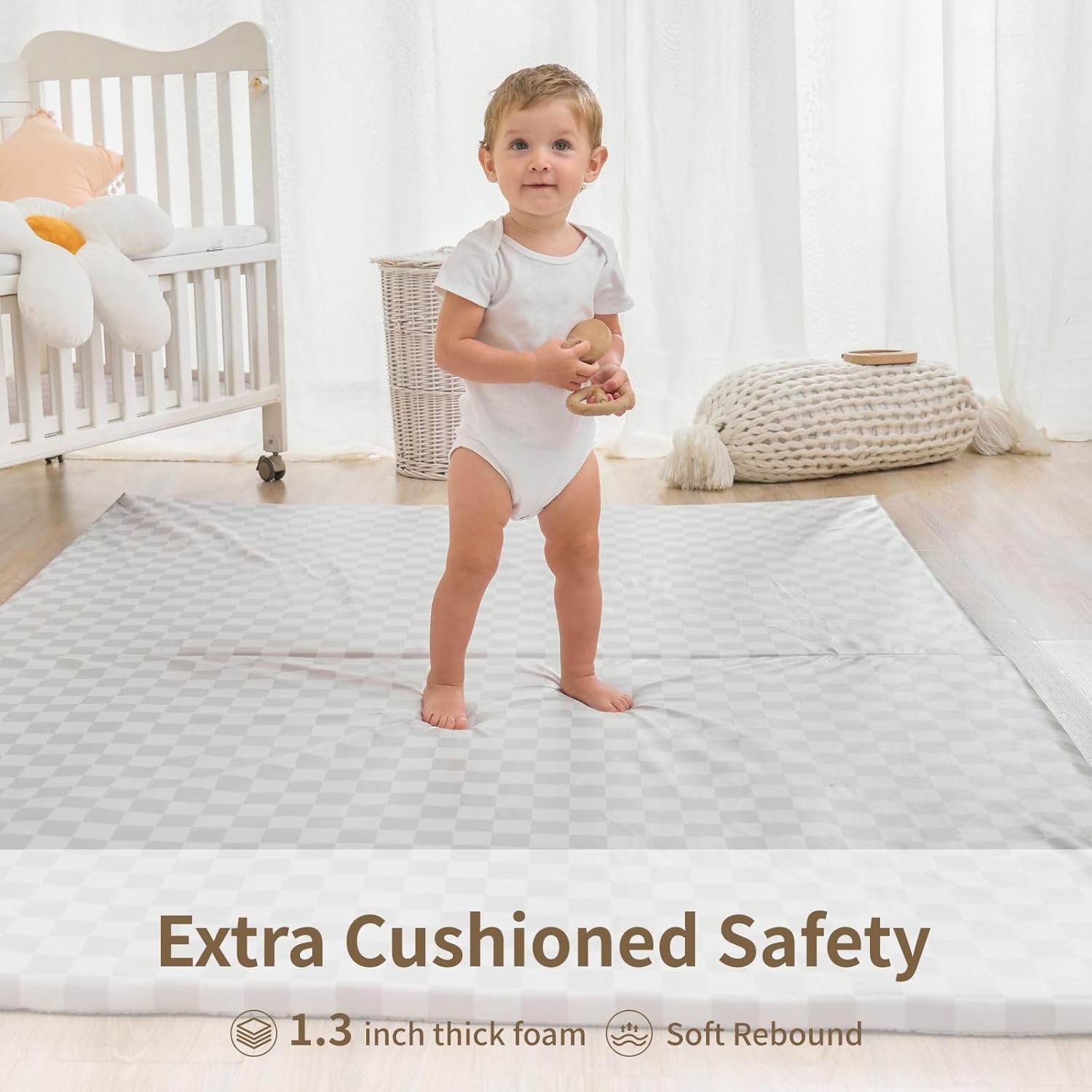 Large Vegan Leather Baby Play Mat for Floor,1.3"Thick Foam 59x82 Foldable Waterproof Kids Play Mat,Stylish and Just Wipe-Clean Playmat for Baby Play on Floor (Grey Checker) - Image 4