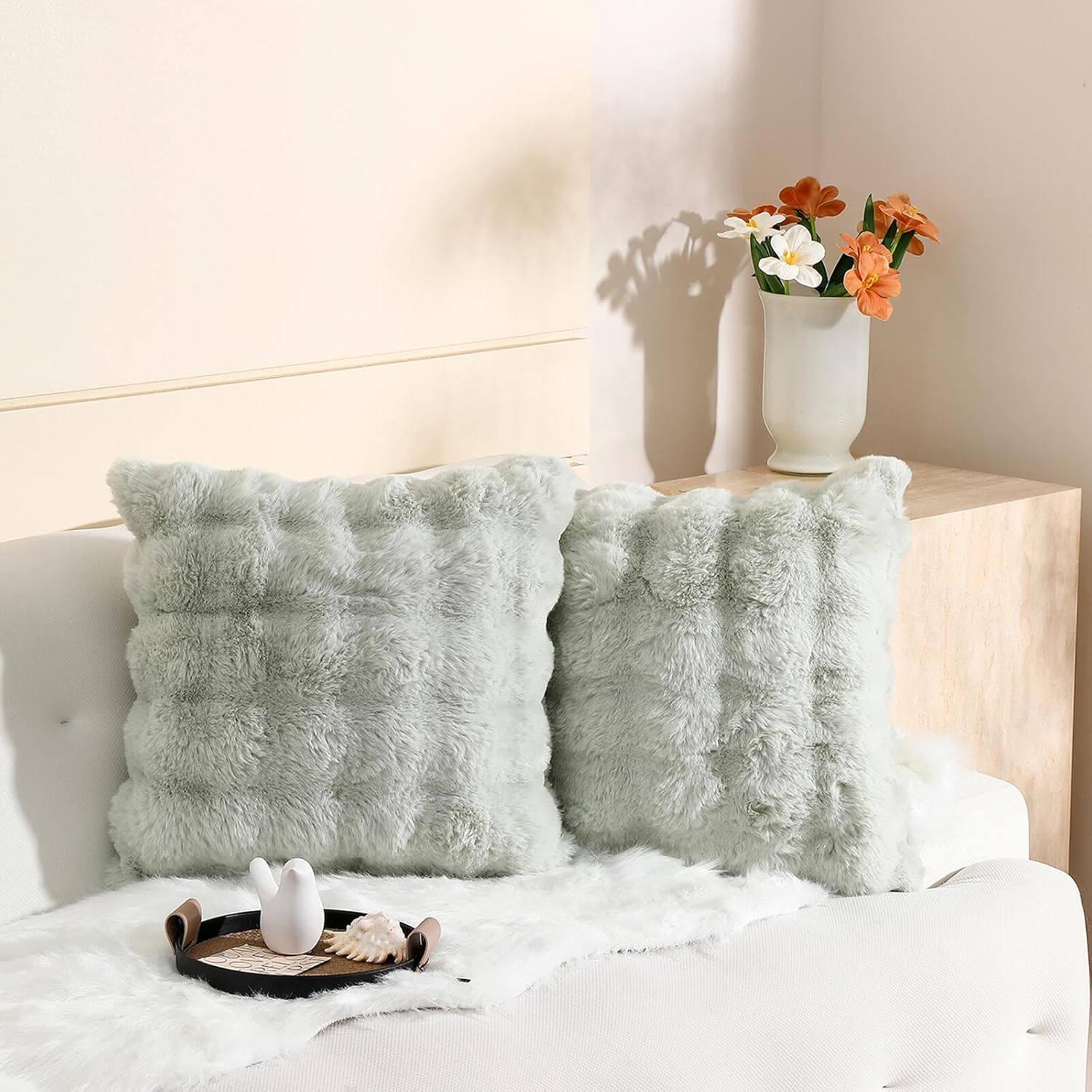 linmopm Excluding Insert Faux Rabbit Fur Bubble Pack of 2 Throw Pillow Cover Double Side 20x20 Inch Green Thick Plush Dense Fuzzy Decorative Cushion Covers for Couch Bedroom