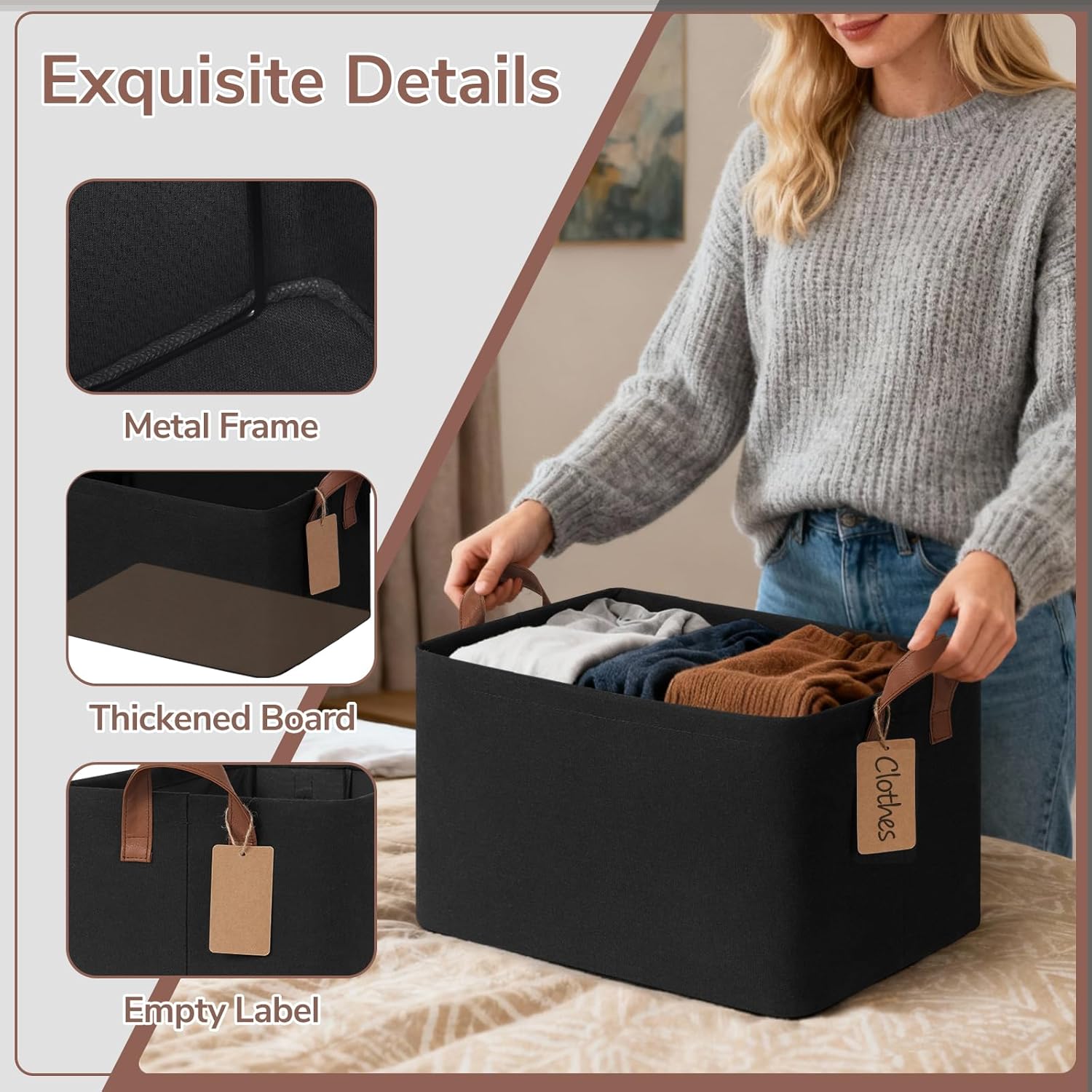CHICVITA 4 Pack Large Storage Baskets for Shelves, Collapsible Shelf Baskets for Organizing, Fabric Closet Organizers and Storage Bins with Metal Frame, 16.8" x 11" x 9.8", Black