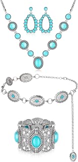 4 Pieces Bohemian Turquoise Western Jewelry Set Turquoise Concho Chain Waist Belt Turquoise Necklace Drop Earrings Wide Bracelet for Women Vintage Retro Boho Jewelry Set