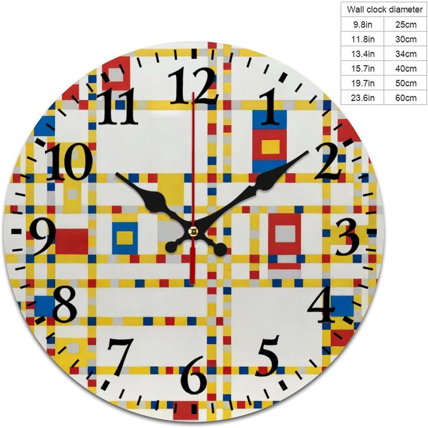 Colorful Abstract Piet Mondrian Boogie York City Silent Wall Clock, Vintage Rustic Decoration Round Wall Clock for Bedroom, Bathroom, Living Room, Home Office(34cm/13.39in)