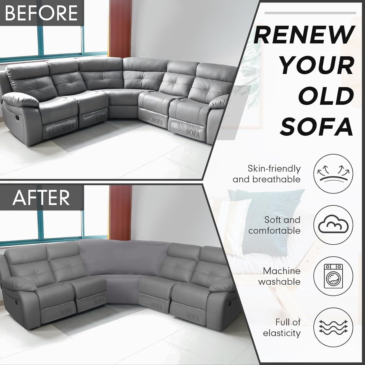 Weysat Corner Sofa Cover Stretch Corner Couch Cover Furniture Protector for Living Room Sectional Recliner Sofa Slipcover Reclining L Shape Couch Additional Seat(Light Gray,Milk Silk)