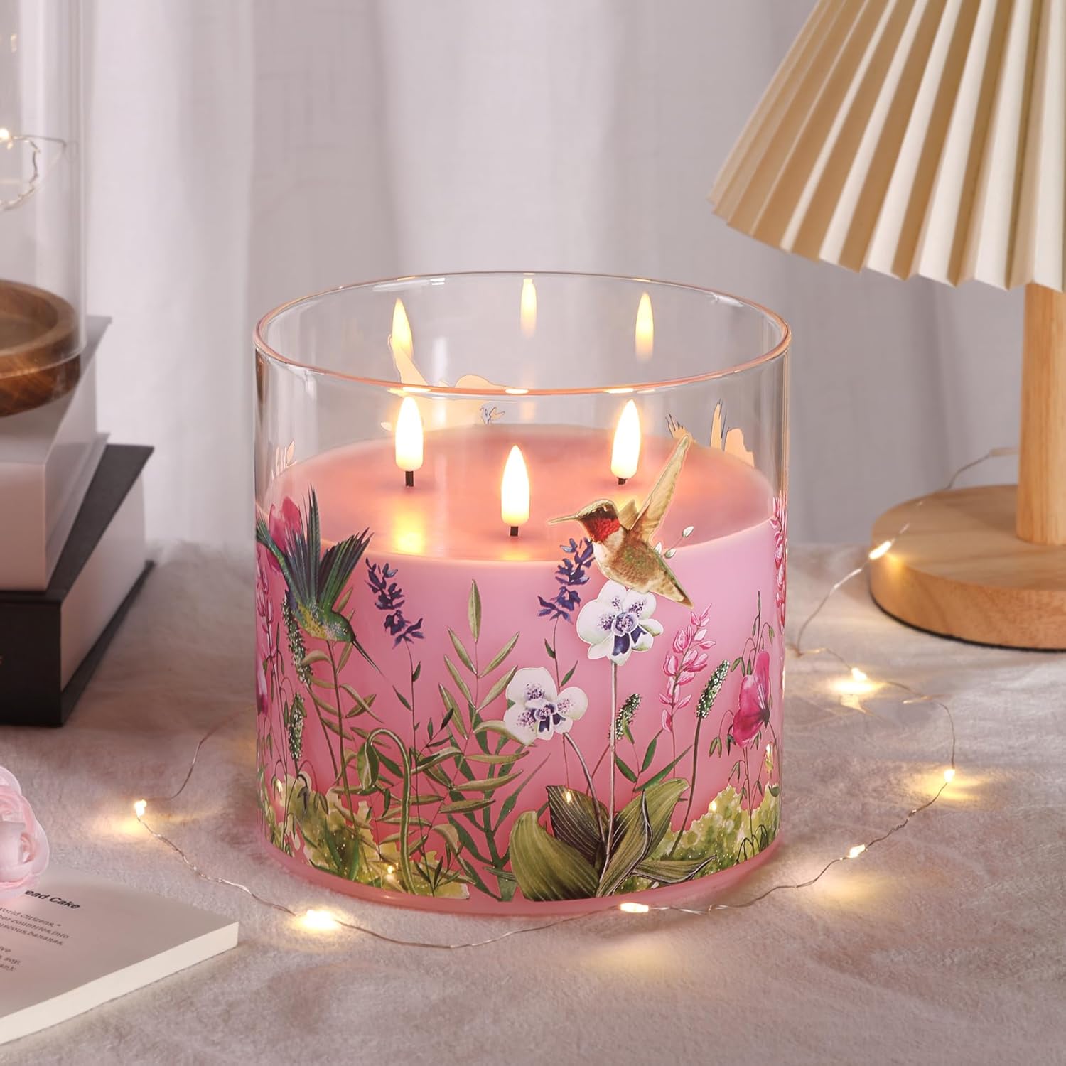 3 Wick Pink Hummingbird Glass Flameless Candle with Remote, Large 6x6 inch LED Pillar Candle Battery Operated Flickering Spring Home Decor Gift