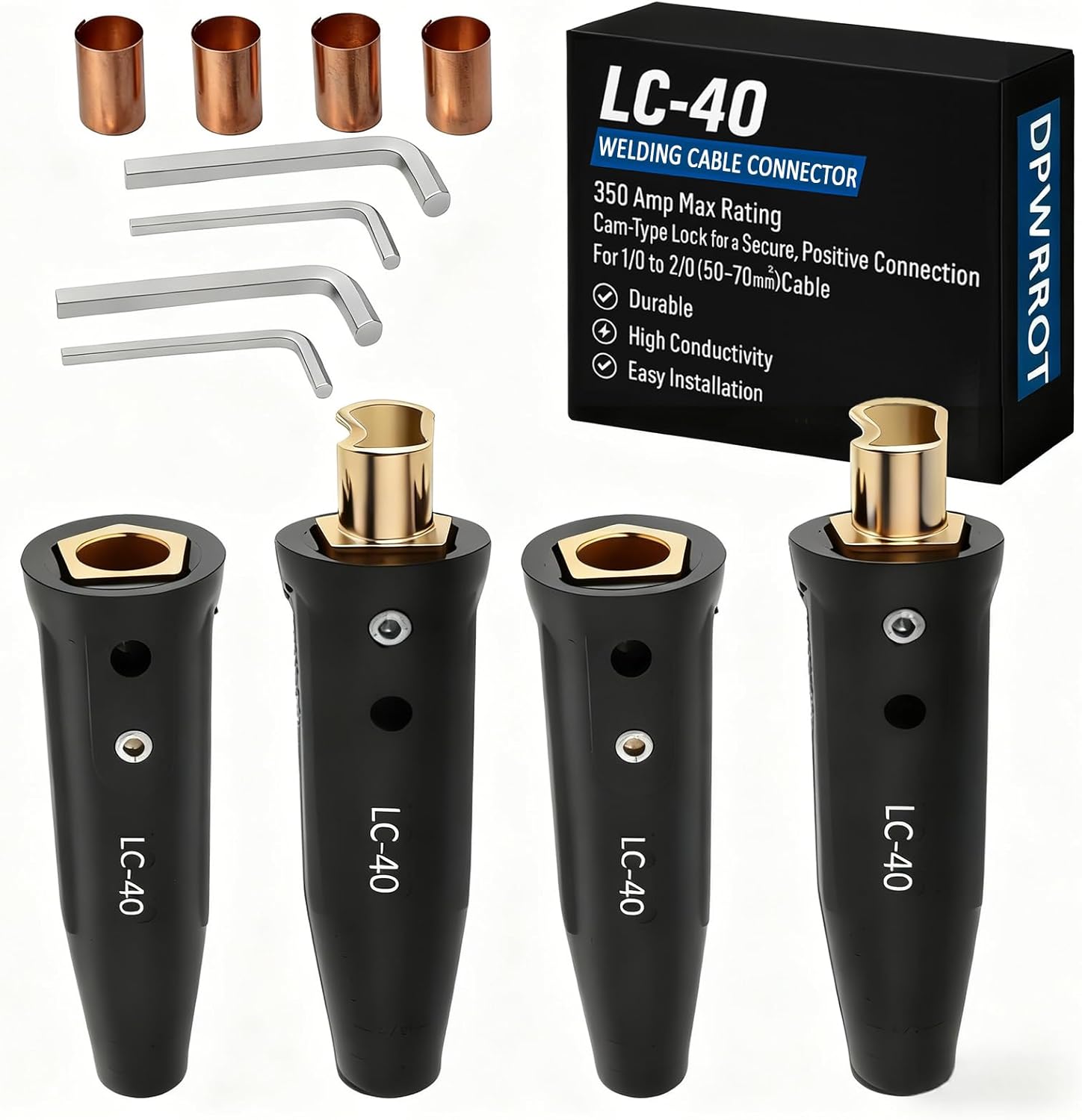 2 Pack Welding Lead Connectors, LC-40 Welding Cable Connector, Male & Female Twist-Lock Quick Connectors, 1/0-2/0 Cable Size Capacity, 350 Amp Max Rating, Heavy-Duty for Welding Machine Accessories