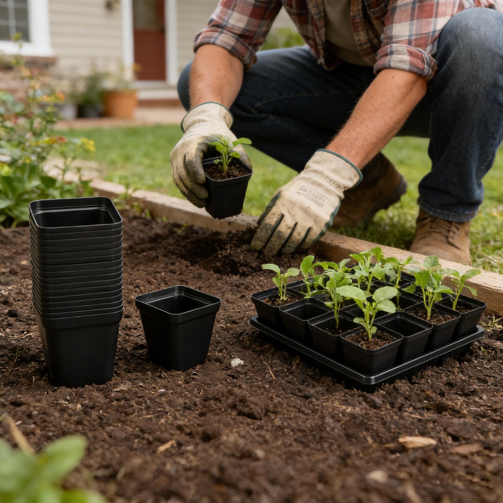 NNG 100 macetas cuadradas negras de 2.4 pulgadas, 5 bandejas de plástico para iniciar semillas, kit de iniciación de propagación de plantas, macetas cuadradas con agujeros de drenaje