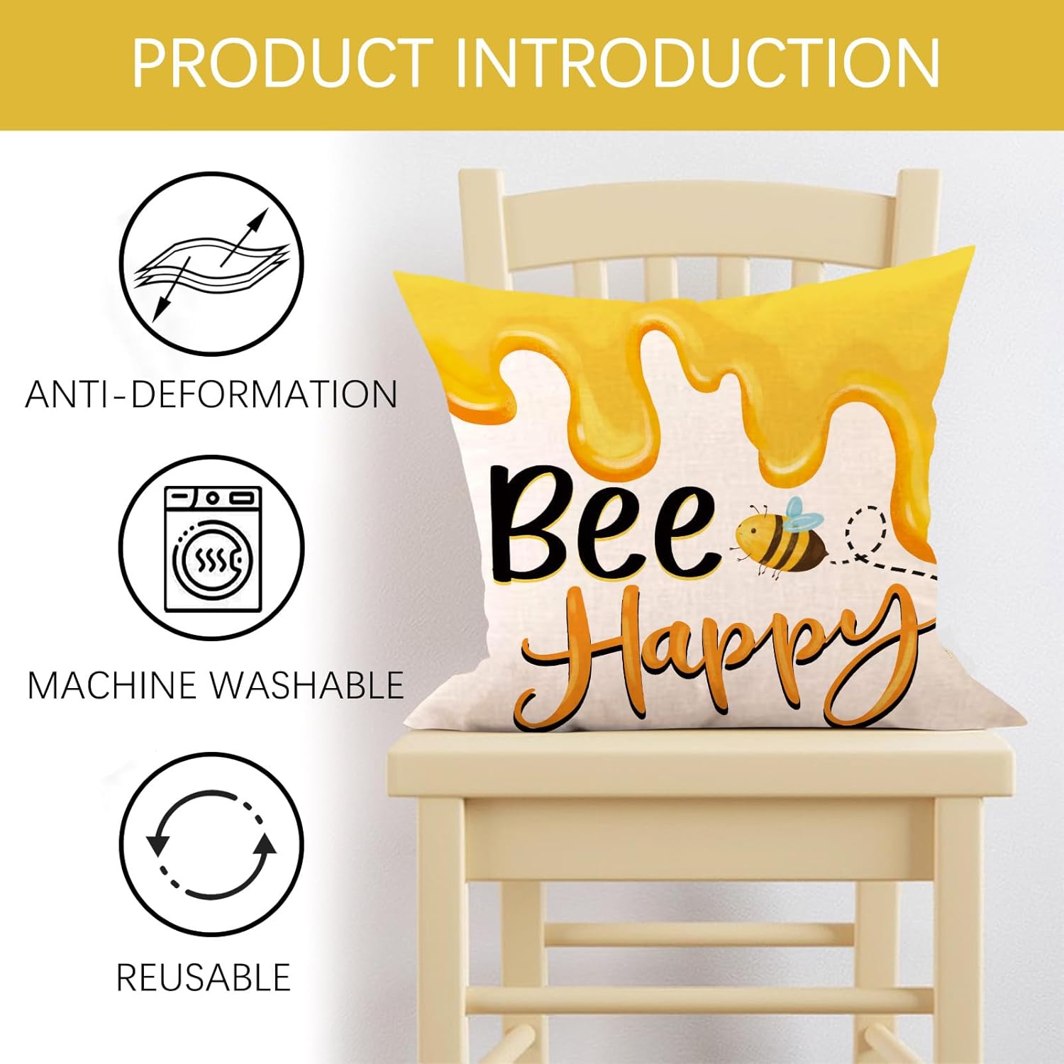 Spring Summer Bumble Bee Happy Decorative Throw Pillow Covers 20 x 20 Set of 4, Let It Bee Honeycomb Buzz Porch Outdoor Home Decor, Sweet Honey Buffalo Plaid Farmhouse Couch Cushion Case