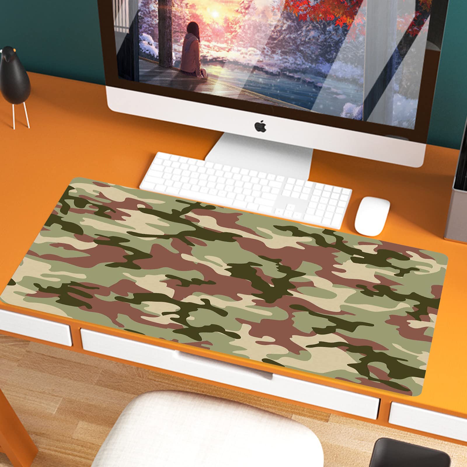 Large Gaming Mouse Mat, 80 x 40 cm Extended Large Size Mouse Pad,Camo,Illustrated Green Camouflage in Forest Colors Hunter Combat,Dried Ros,Non-slip Rubber base, Compatible with Laser and Optical Mice
