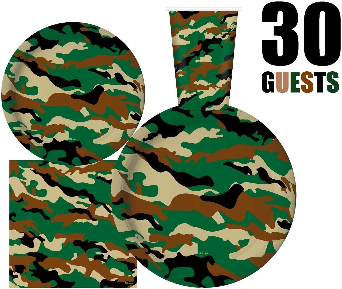Serves 30 Complete Party Pack Camouflage Party Supplies 9" Dinner Paper Plates 7" Dessert Paper Plates 12 oz Cups 3 Ply Napkins Camouflage Themed Birthday Party Supplies