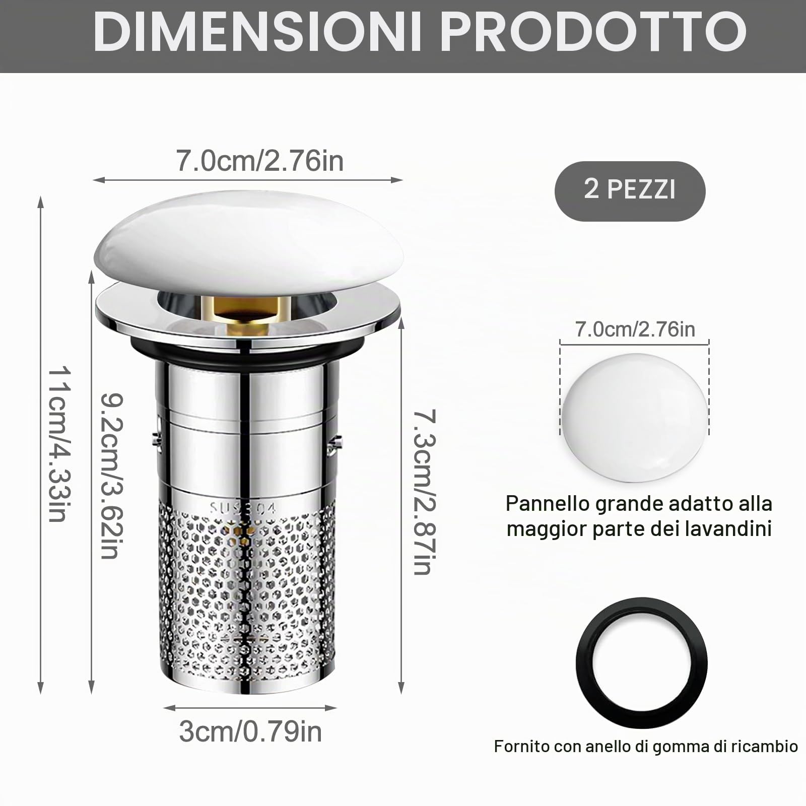 2 Pezzi Filtro di scarico a comparsa,Tappo lavandino cucina, Ceramica Lavabo Filtro di Scarico, Adatto per cucina, bagno, lavabo(diametro 32 a 40mm)
