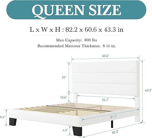 Miniatura 42 de HOOMIC Base de cama de tamaño matrimonial con cabecero, plataforma tapizada de tela con soporte de listones de madera fuerte, base de colchón, no