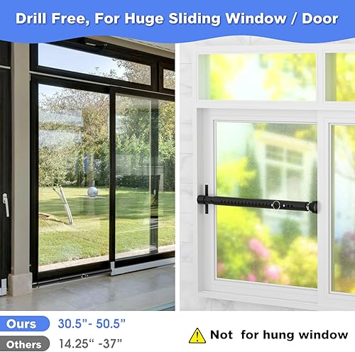 Miniatura 6 de Barra de seguridad para puerta corrediza a prueba de niños, paquete de 2 topes ajustables de 16 a 51 pulgadas para puerta corrediza de patio, barra