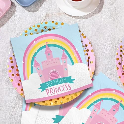 Miniatura 4 de Servilletas multicolor de princesa castillo de cumpleaños (5 x 5 pulgadas), paquete de 16 servilletas de papel adorables y divertidas, suaves