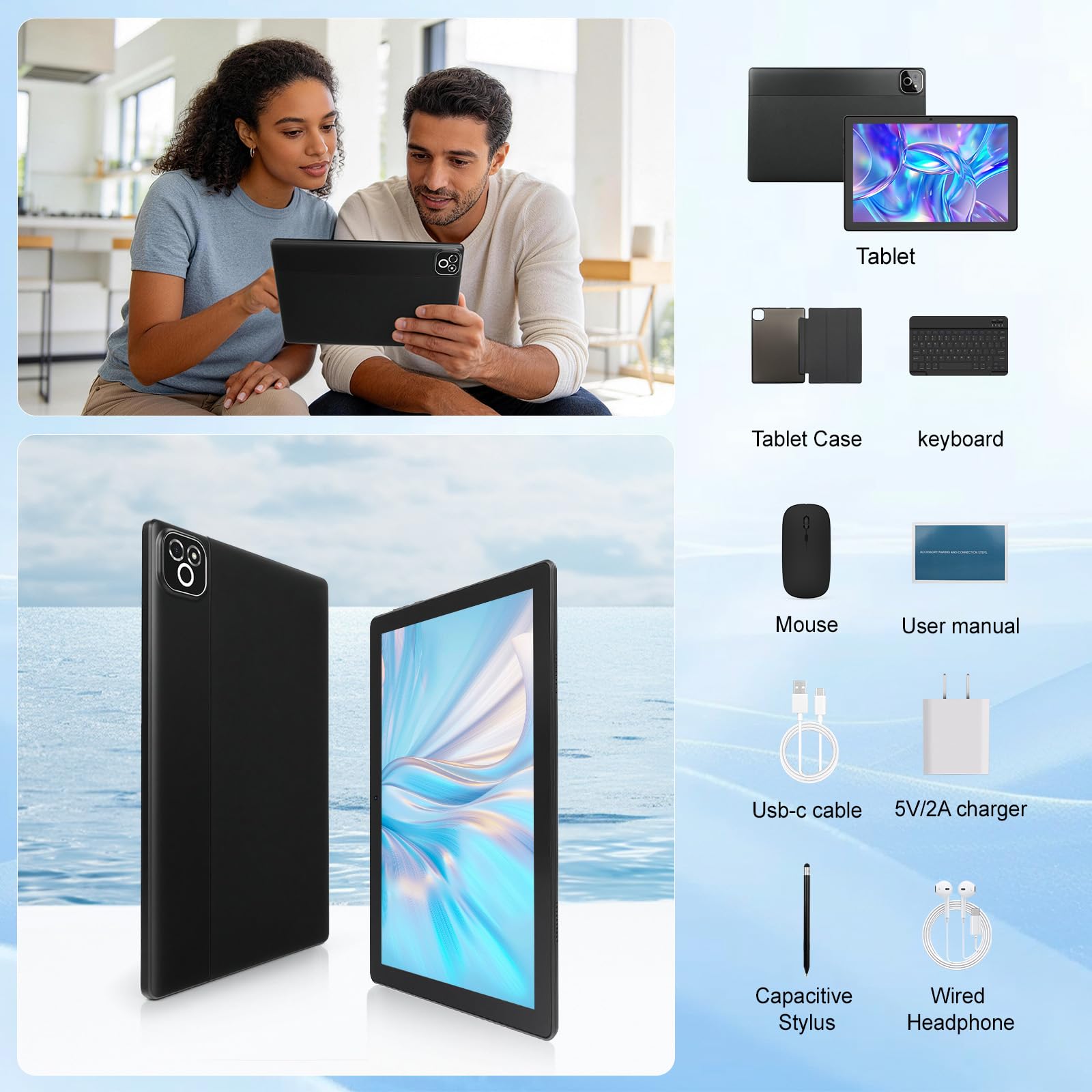 Tablet de 10 Pulgadas, Android 16 Tablet con Teclado, Octa Core, 36GB RAM 256GB ROM (1TB TF Expand) Cámara 5MP + 8MP 6000mAh Tablets de PC Touch Pad con Stylus Ratón Auricular y Caja