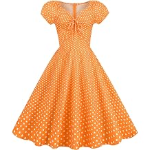 LAWOR Womens Puff Short Sleeve 1950s Dresses Polka Dot Print Tea Dresses V Neck Bowknot Rockabilly Dress Pleated Swing Dress