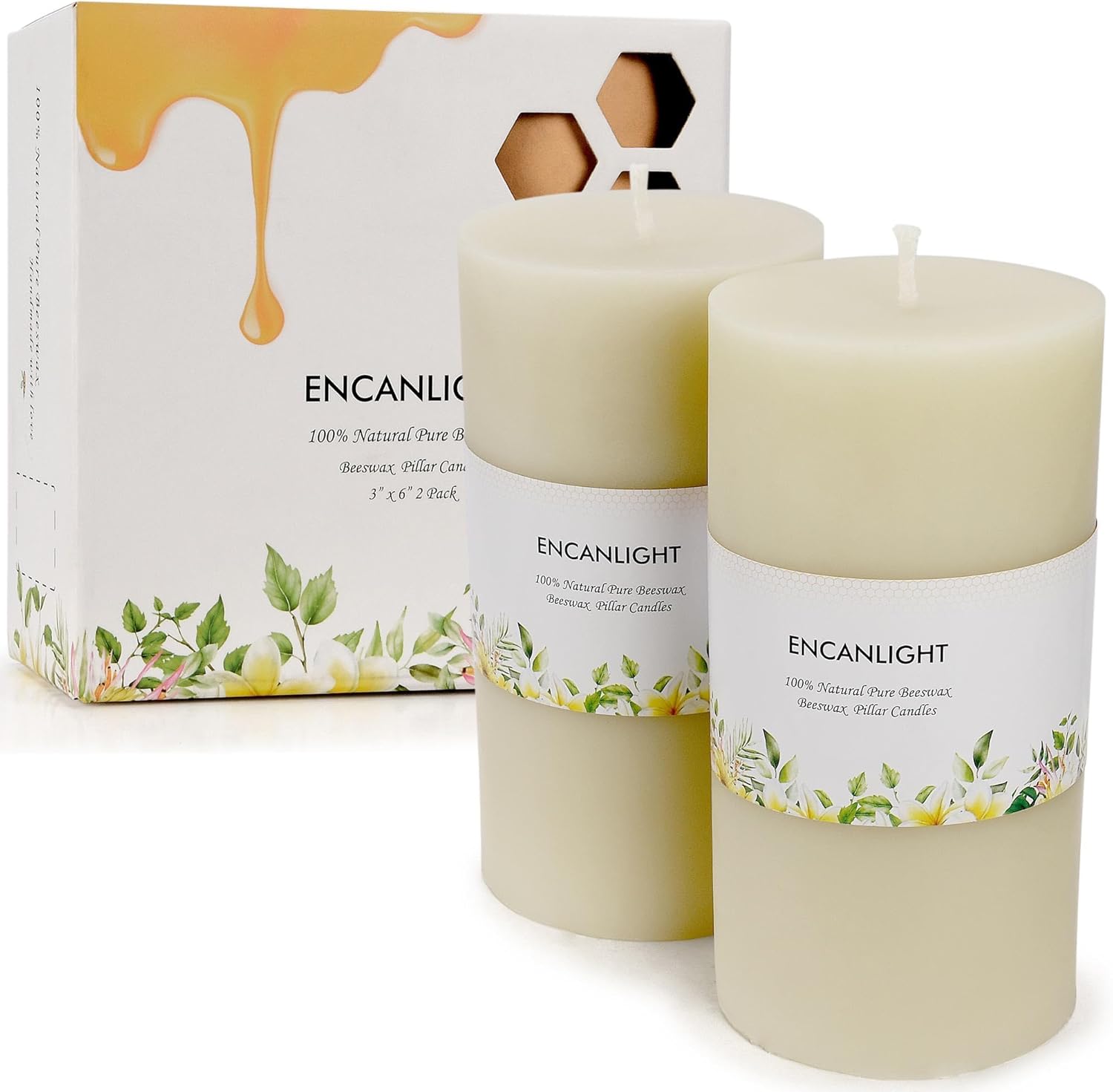 3x6 Inch Ivory Natural Bee Waxs Candle 2Pack,95-100 Hous Long Burning,Pure Pillar Candles,Unscented Smokeless and Dripless for Home Decor Party Wedding