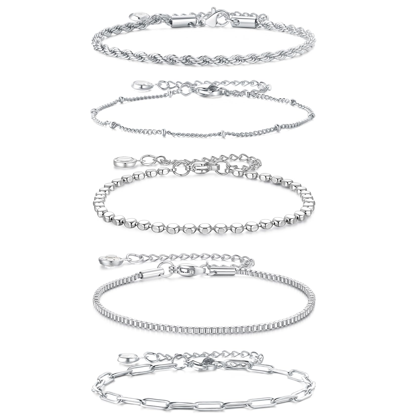 925 Sterling Silver Bracelets for Women Girls,Stack Bracelets Set Paperclip Satellite Rope Chain Adjustable Dainty Trendy Jewelry Gifts